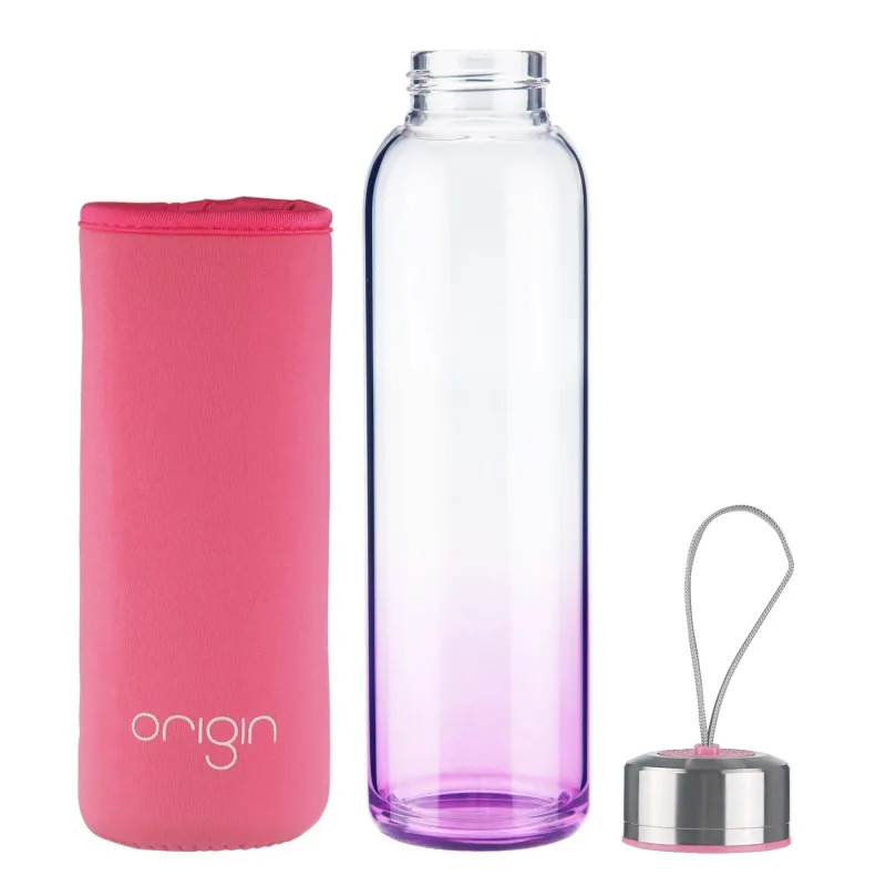 ORIGIN 100% Borosilicate Glass Water Bottle With Protective Neoprene Sleeve and Leak-Proof Stainless Steel Lid | Dishwasher Safe