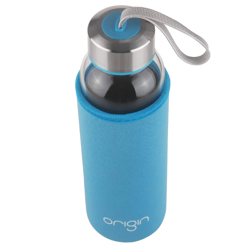 ORIGIN 100% Borosilicate Glass Water Bottle With Protective Neoprene Sleeve and Leak-Proof Stainless Steel Lid | Dishwasher Safe