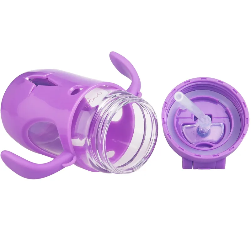 Origin Kids Glass Water Bottle Leak-Proof Flip Cap Lid w/ Protective Plastic Bunny Rabbit Sippy Cup Body with Handles and Silicone Straw | 10 oz