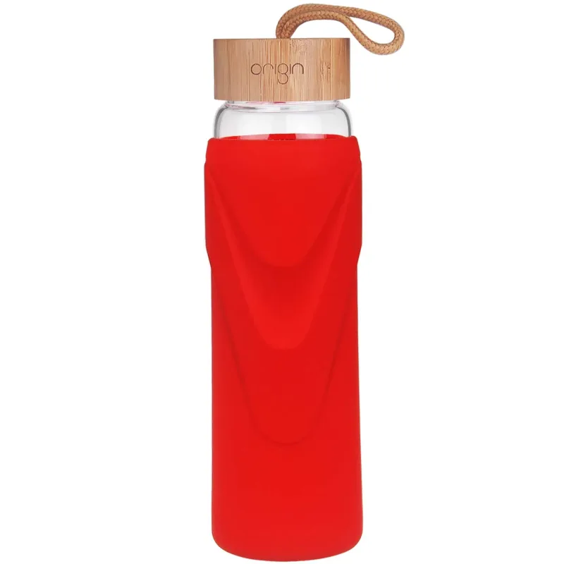 ORIGIN WIDEMOUTH Glass Water Bottle With Protective Silicone Sleeve and Bamboo Lid - Dishwasher Safe