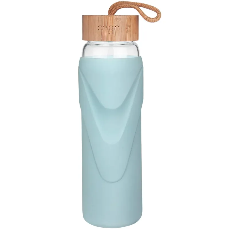 ORIGIN WIDEMOUTH Glass Water Bottle With Protective Silicone Sleeve and Bamboo Lid - Dishwasher Safe