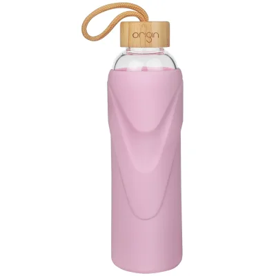 ORIGIN - Narrow Mouth Glass Water Bottle with Protective Silicone Sleeve and Bamboo Lid - Dishwasher Safe