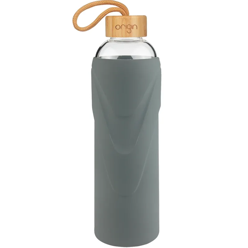 ORIGIN - Narrow Mouth Glass Water Bottle with Protective Silicone Sleeve and Bamboo Lid - Dishwasher Safe