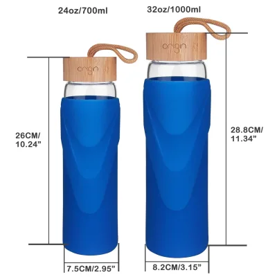 ORIGIN WIDEMOUTH Glass Water Bottle With Protective Silicone Sleeve and Bamboo Lid - Dishwasher Safe