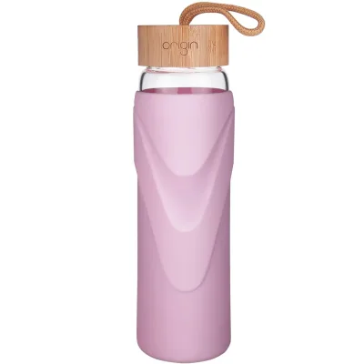 ORIGIN WIDEMOUTH Glass Water Bottle With Protective Silicone Sleeve and Bamboo Lid - Dishwasher Safe