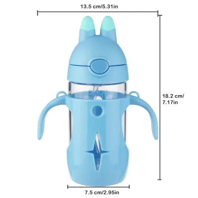 Origin Kids Glass Water Bottle Leak-Proof Flip Cap Lid w/ Protective Plastic Bunny Rabbit Sippy Cup Body with Handles and Silicone Straw | 10 oz