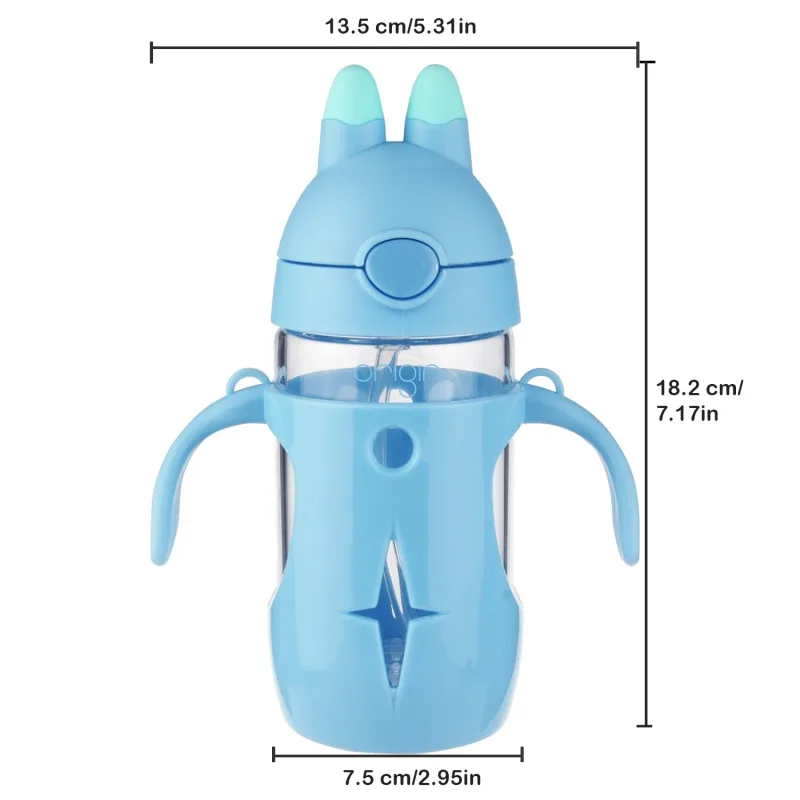 Origin Kids Glass Water Bottle Leak-Proof Flip Cap Lid w/ Protective Plastic Bunny Rabbit Sippy Cup Body with Handles and Silicone Straw | 10 oz