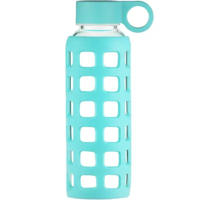 ORIGIN Borosilicate Glass Water Bottle with Fun Square Silicone Sleeve and Leak Proof Lid - Dishwasher Safe