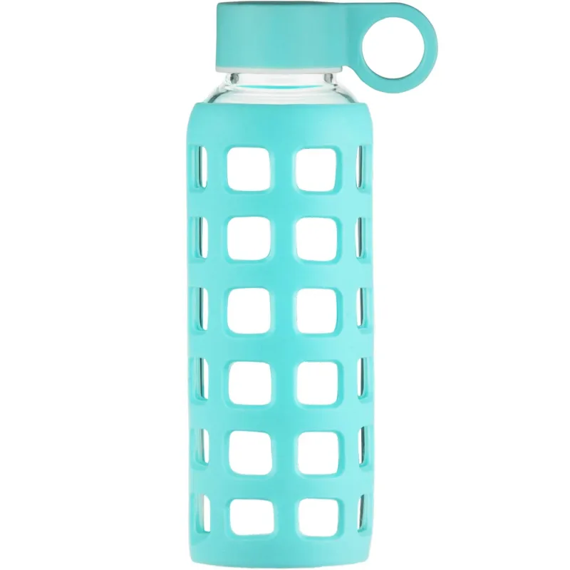 ORIGIN Borosilicate Glass Water Bottle with Fun Square Silicone Sleeve and Leak Proof Lid - Dishwasher Safe