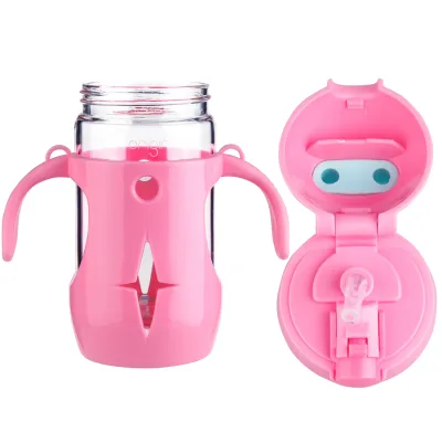Origin Kids Glass Water Bottle Leak-Proof Flip Cap Lid w/ Protective Plastic Bunny Rabbit Sippy Cup Body with Handles and Silicone Straw | 10 oz