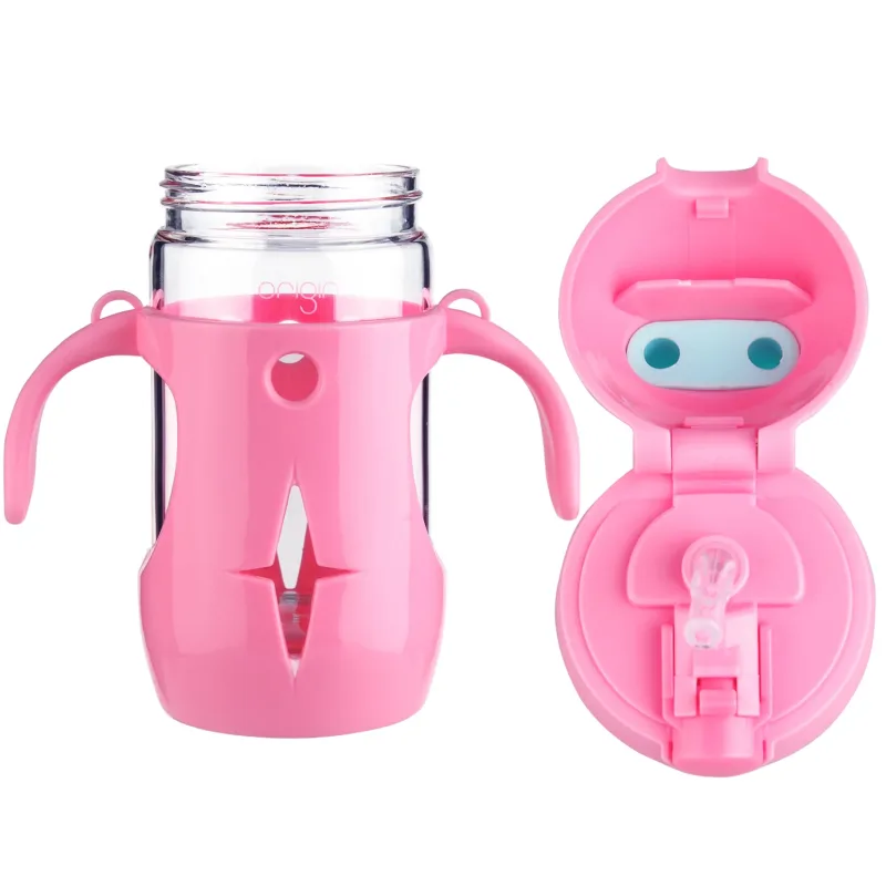 Origin Kids Glass Water Bottle Leak-Proof Flip Cap Lid w/ Protective Plastic Bunny Rabbit Sippy Cup Body with Handles and Silicone Straw | 10 oz