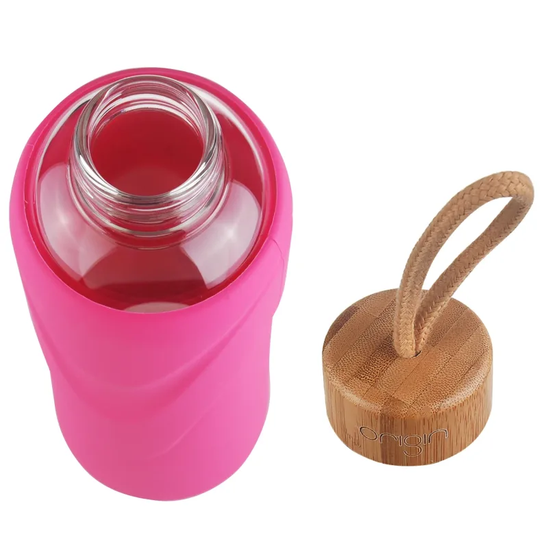 ORIGIN - Narrow Mouth Glass Water Bottle with Protective Silicone Sleeve and Bamboo Lid - Dishwasher Safe