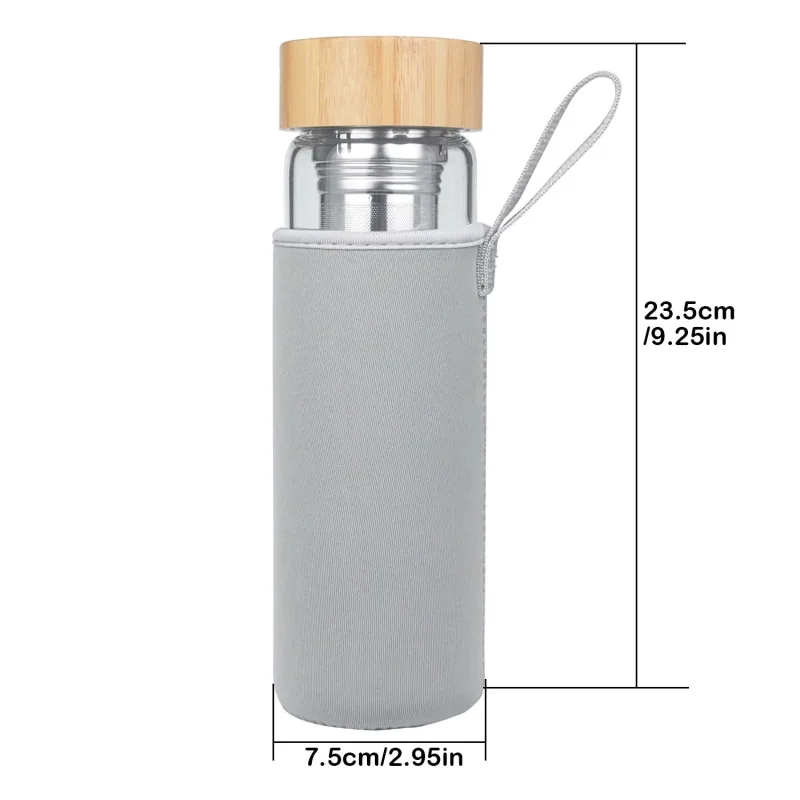 ORIGIN Fruit and Tea Infuser Borosilicate Glass Water Bottle with Neoprene Sleeve and Bamboo Lid, Double Mesh Filter, Travel Tumbler 20oz