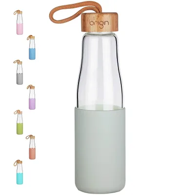 Origin - Borosilicate Glass Water Bottle, Best BPA-Free and Modern Bottle with Protective Silicone Sleeve and Bamboo Lid - Dishwasher Safe