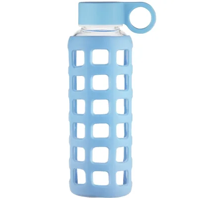 ORIGIN Borosilicate Glass Water Bottle with Fun Square Silicone Sleeve and Leak Proof Lid - Dishwasher Safe