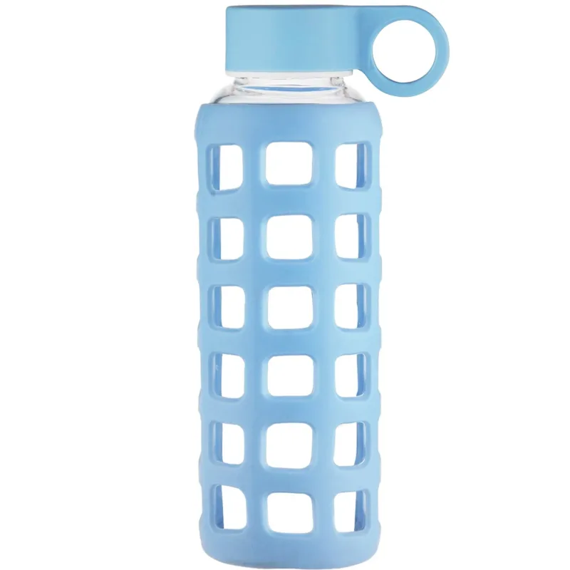 ORIGIN Borosilicate Glass Water Bottle with Fun Square Silicone Sleeve and Leak Proof Lid - Dishwasher Safe