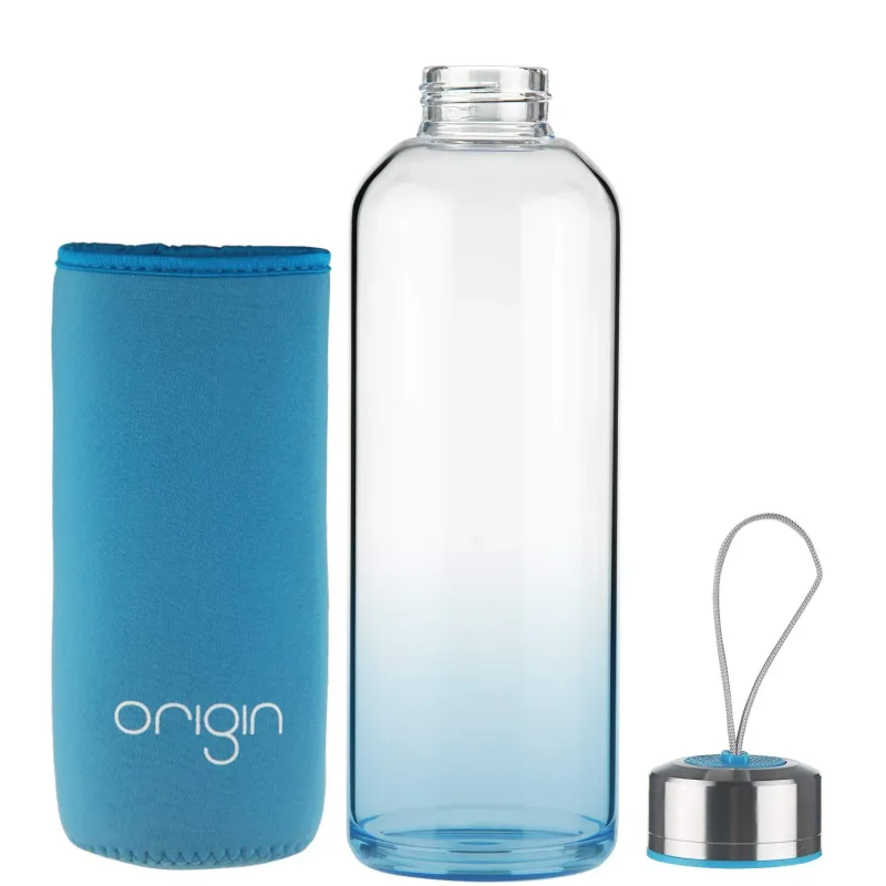 ORIGIN 100% Borosilicate Glass Water Bottle With Protective Neoprene Sleeve and Leak-Proof Stainless Steel Lid | Dishwasher Safe