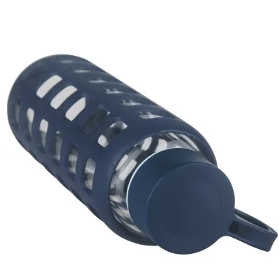 ORIGIN Borosilicate Glass Water Bottle with Fun Square Silicone Sleeve and Leak Proof Lid - Dishwasher Safe