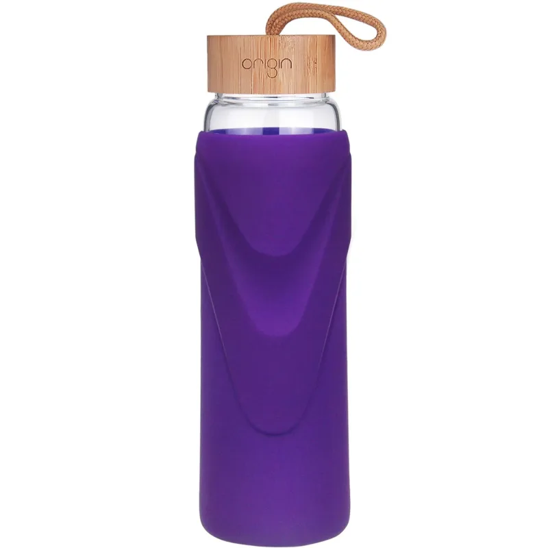 ORIGIN WIDEMOUTH Glass Water Bottle With Protective Silicone Sleeve and Bamboo Lid - Dishwasher Safe